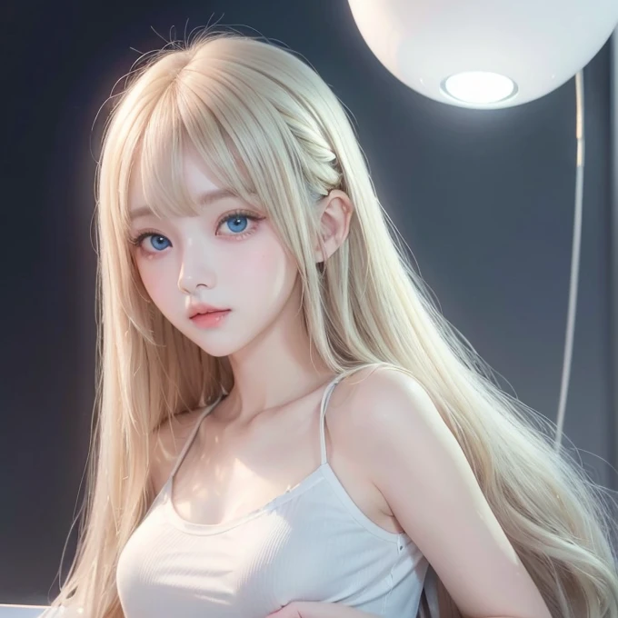 Golden shiny hair、Super long straight silky hair、Dazzling blonde super long silky hair、20 years old cute little beautiful face、A beautiful girl、Sparkling blonde dancing in front of a pretty face、Long, silky bangs that cover the space between the eyes、Very beautiful, bright, large, light blue eyes、Very big eyes、Hair that hides the face、Sexy pretty young woman with super long bangs、Very white skin、Cheek gloss highlighter、Small Face Beauty、Round face、Cute Shirts、Ample Bust 、pink small nipples