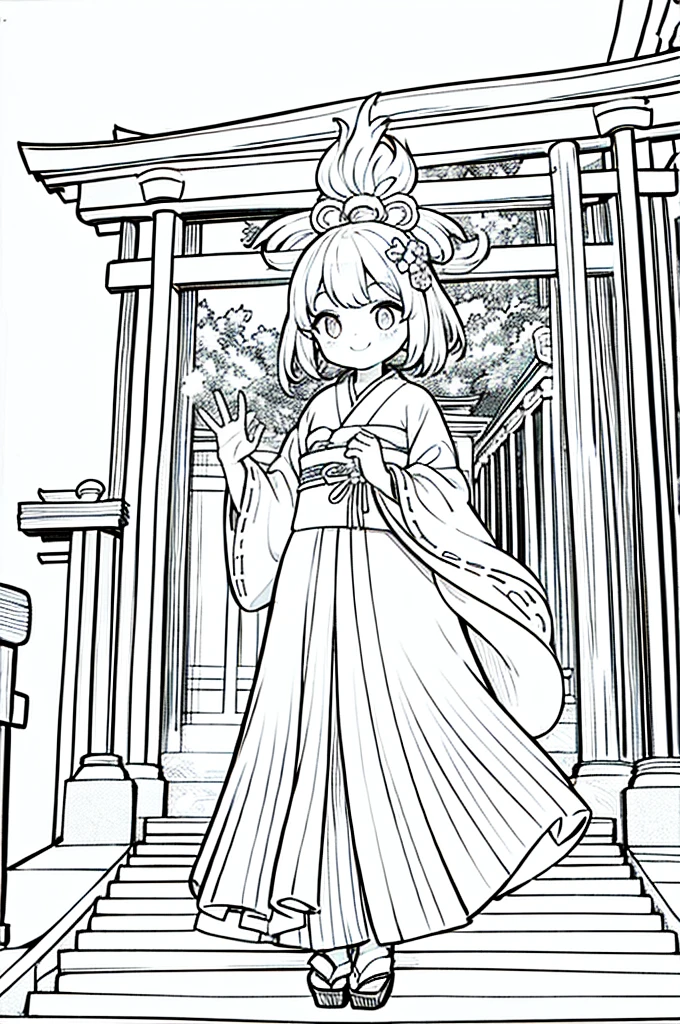 As a coloring book, the color should be black and white, the border should be simple, clear, and bold. A cheerful Asian girl with bright eyes and a mischievous smile is playfully posing in front of the iconic [Fushimi Inari-taisha Shrine] in Kyoto, Japan. She is dressed in a vibrant [kimono with fox pattern], the bold orange and white colors complementing the vermilion torii gates that line the path. The girl's hands are clasped in a playful gesture, and her hair is adorned with a traditional [kanzashi hair ornament].
