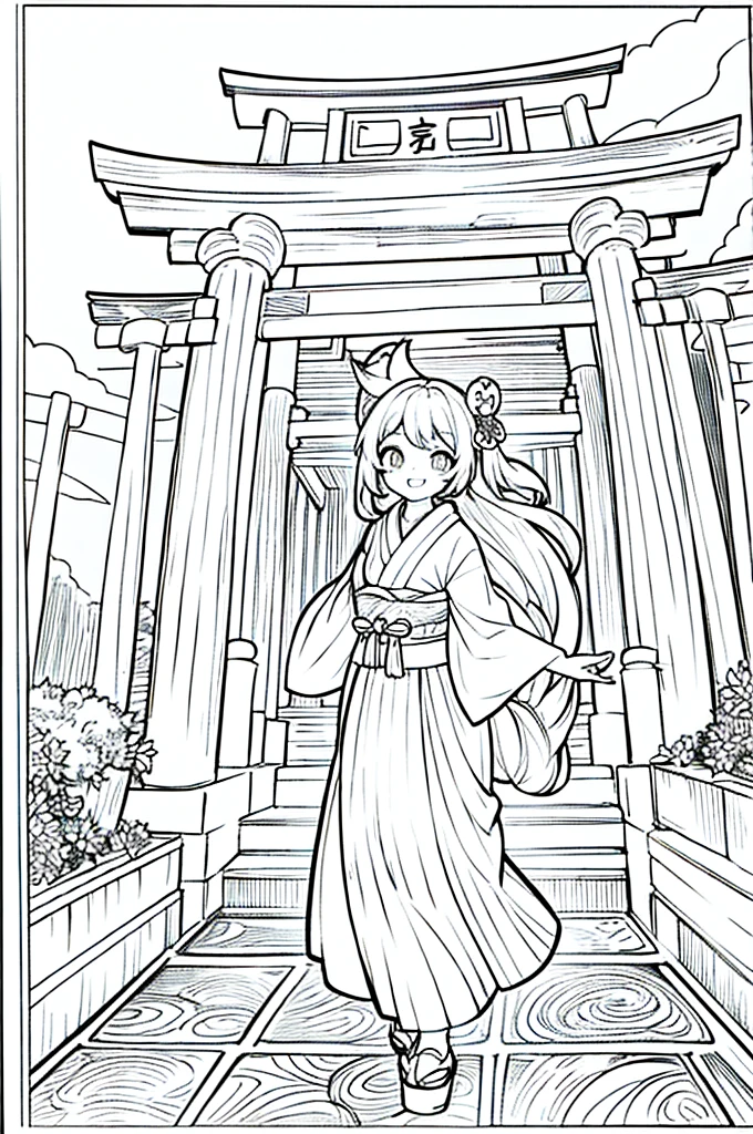 As a coloring book, the color should be black and white, the border should be simple, clear, and bold. A cheerful Asian girl with bright eyes and a mischievous smile is playfully posing in front of the iconic [Fushimi Inari-taisha Shrine] in Kyoto, Japan. She is dressed in a vibrant [kimono with fox pattern], the bold orange and white colors complementing the vermilion torii gates that line the path. The girl's hands are clasped in a playful gesture, and her hair is adorned with a traditional [kanzashi hair ornament].