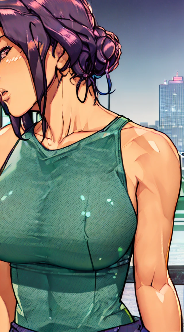 high quality, High resolution, (full shot:1.8), 4K quality, The best high quality masterpiece, green tanktop, (heavy makeup), Blurred city background at sunrise, short hair, purple hair, detailed face, big breast, sleeveless