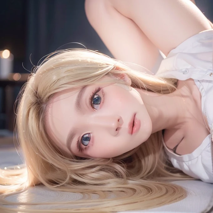 Golden shiny hair、Super long straight silky hair、Dazzling blonde super long silky hair、20 years old cute little beautiful face、A beautiful girl、Sparkling blonde dancing in front of a pretty face、Long, silky bangs that cover the space between the eyes、Very beautiful, bright, large, light blue eyes、Very big eyes、Hair that hides the face、Sexy pretty young woman with super long bangs、Very white skin、Cheek gloss highlighter、Small Face Beauty、Round face、Cute Shirts、Ample Bust 、pink small nipples