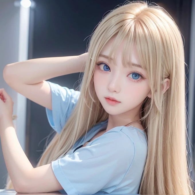 Golden shiny hair、Super long straight silky hair、Dazzling blonde super long silky hair、20 years old cute little beautiful face、A beautiful girl、Sparkling blonde dancing in front of a pretty face、Long, silky bangs that cover the space between the eyes、Very beautiful, bright, large, light blue eyes、Very big eyes、Hair that hides the face、Sexy pretty young woman with super long bangs、Very white skin、Cheek gloss highlighter、Small Face Beauty、Round face、Cute Shirts、Ample Bust 、pink small nipples