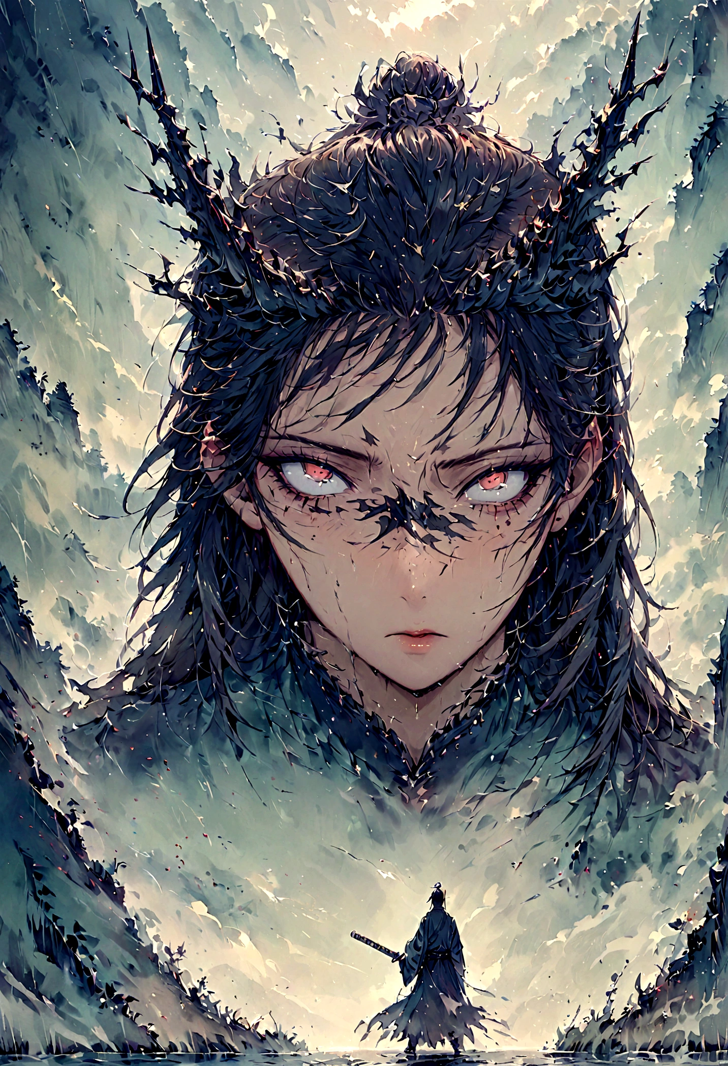 A terrifyingly menacing young man, his bulging muscles straining against torn garments, wild-eyed and wielding a sinister katana. His broken mask hints at a hidden darkness beneath the surface. This vivid portrait, possibly a painting, captures the intensity of his gaze and the raw power in his stance. Each detail, from the frayed fabric to the jagged edges of the mask, is rendered with exquisite precision, immersing viewers in the chilling atmosphere of malevolence and danger.