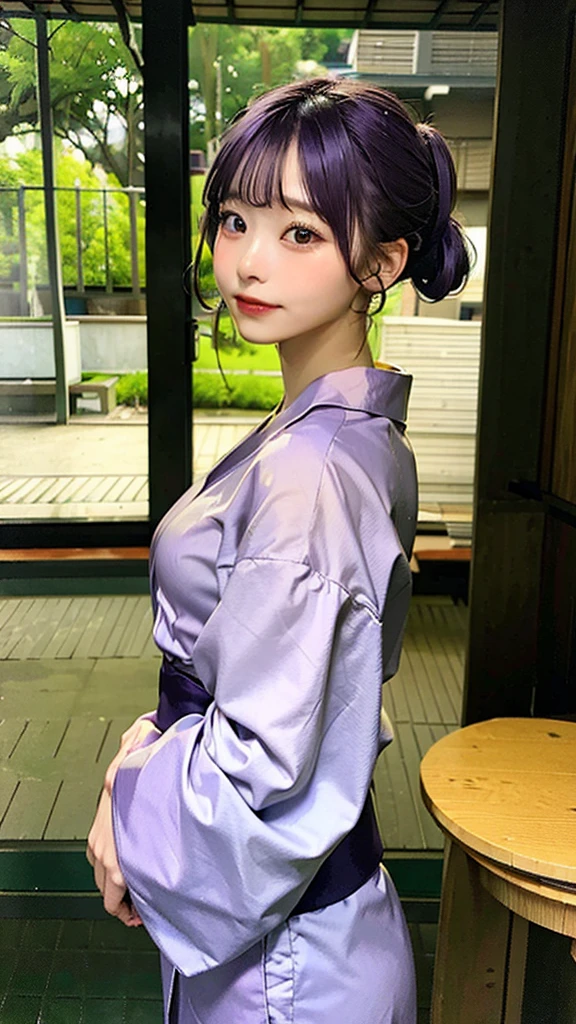 Young woman in yukata、shoulder-length purple hair、A simple green yukata、Quiet teahouse in the background。