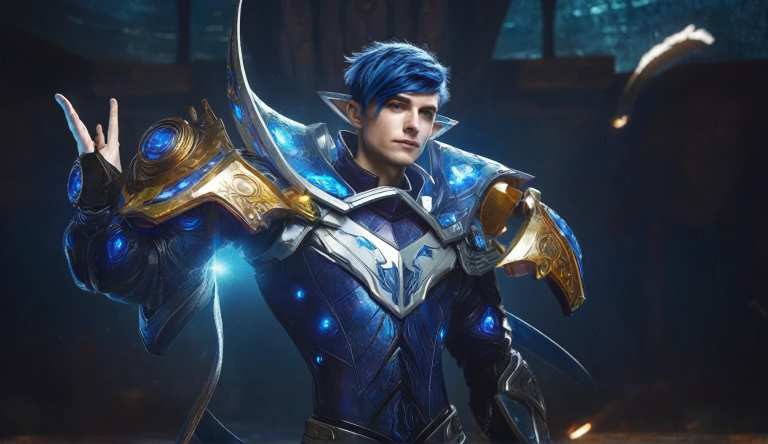 young white man with blue cool hair, stare at viewer with cool vision, user armor clothes for mage,