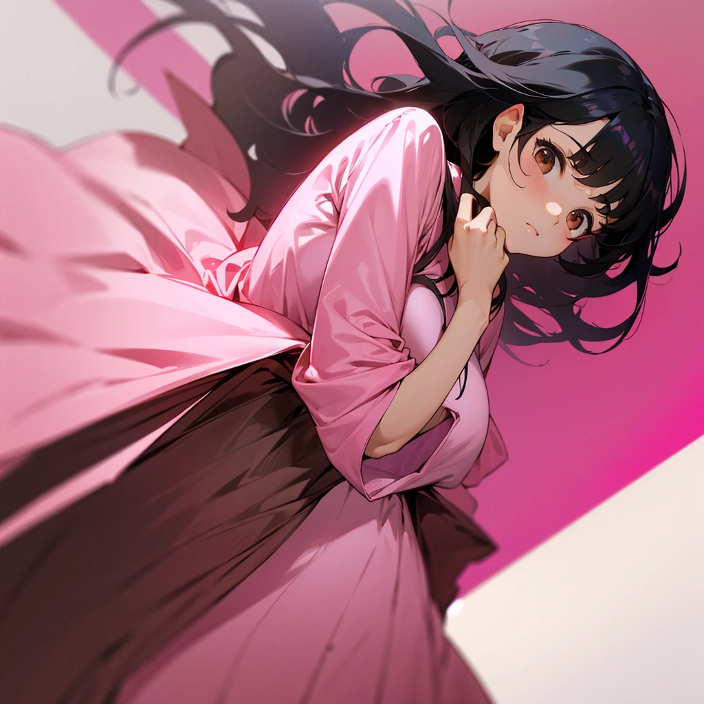Straight black hair, brown eyes and pink dress