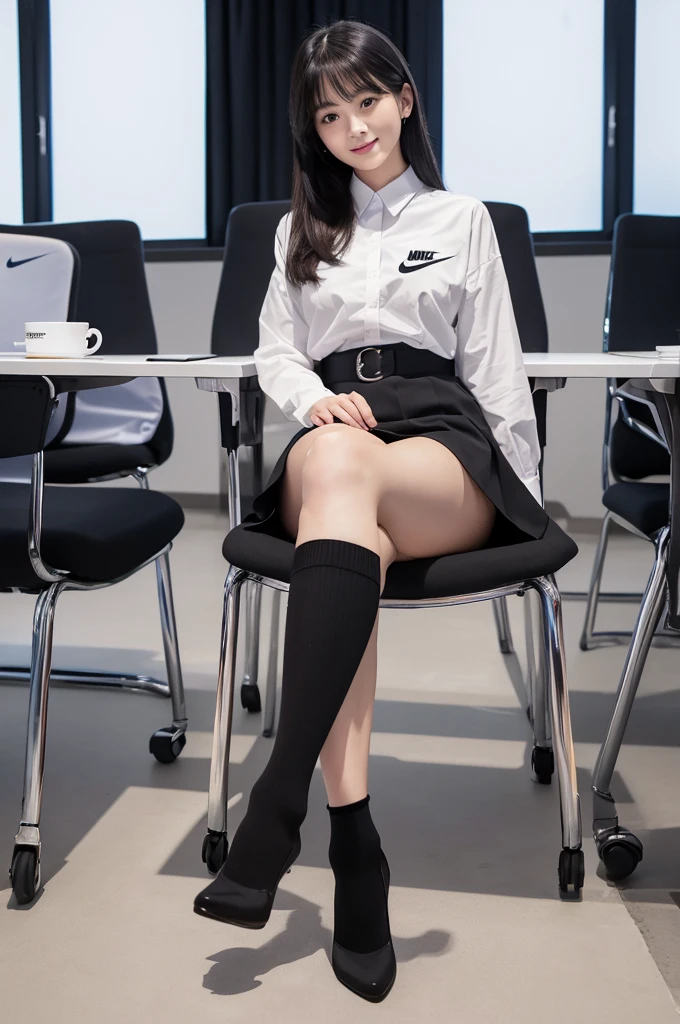 ((Highest quality、、Representative works details、Ultra-high resolution))、(Group photo)、(Looking at the audience)、(Mid Shot:)、Attractive business woman、1 person、A little chubby:0.25、White collar shirt、Grey Skirt、(sitting cross-legged on a chair))、smile、president&#39;s office、Large Bust、mini skirt、Panties Run-6500-v1.1、(RAW Photos:1.2)。
(Photorealism)。(Genuine:1.4)。One Girl、Perfect full body anatomy。30 years old、Looking at the camera。Black knee-high socks are perfect、Delicate and beautiful。。、There is always one Nike logo visible on the socks.。The socks are of super high quality。The two legs are beautifully placed.、The entire sock is always visible。Medium Long Hair、Best Check。((Changes in the meeting room:1.3) )。(Wearing surreal black socks with the Nike logo on them:Black Nike socks close up 1.2)。(Black stiletto heels)。Stiletto heels are beautiful all the way to the toes、
(Business services)、Asian Eyes Era、Wear:Beautiful black Nike thigh-high socks