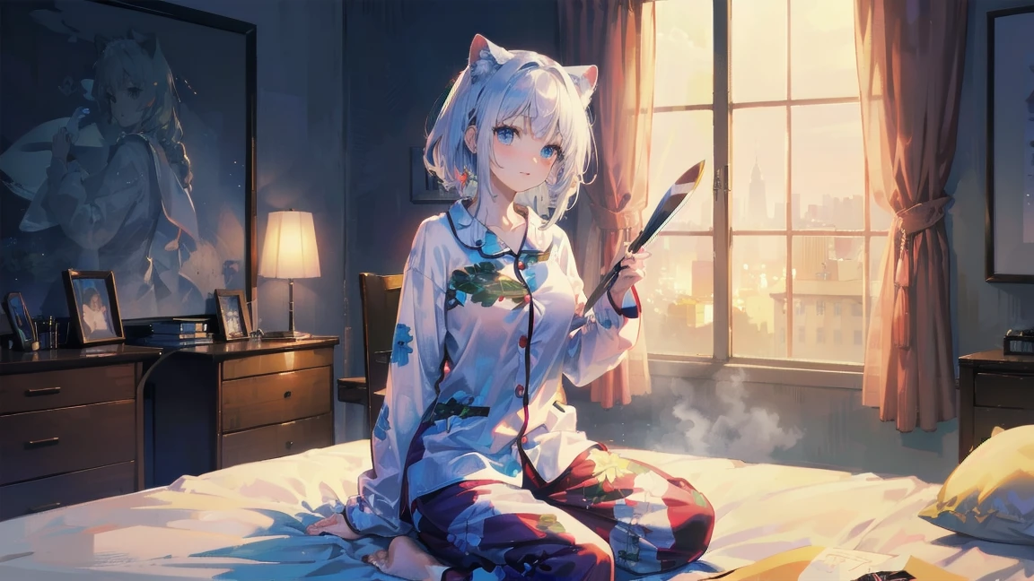 masterpiece, ((Highest quality)), woman, ((alone)), woman in her 20s, ((Babes)), ((Head to Toe)), ((whole body)), ((pajamas)), ((woman) servant)), ((Large mansionの小さな部屋)),((Sitting on the bed)),((long time no see)),((holiday)),((leisure)),((Large mansion) holidayに狭い部屋で楽しんでいるpajamas姿のwomanに注目)), ((Anime Face)), 超high-definition 8K CG wallpaper, Ultra-high resolution/high-definition 8K CG wallpaper, Ultra-high resolution/High-quality CG integrated 8K wallpaper, ((Noise Clear)),

