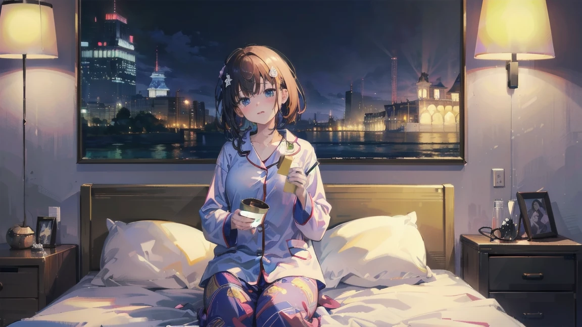 masterpiece, ((Highest quality)), woman, ((alone)), woman in her 20s, ((Babes)), ((Head to Toe)), ((whole body)), ((pajamas)), ((woman) servant)), ((Large mansionの小さな部屋)),((Sitting on the bed)),((long time no see)),((holiday)),((leisure)),((Large mansion) holidayに狭い部屋で楽しんでいるpajamas姿のwomanに注目)), ((Anime Face)), 超high-definition 8K CG wallpaper, Ultra-high resolution/high-definition 8K CG wallpaper, Ultra-high resolution/High-quality CG integrated 8K wallpaper, ((Noise Clear)),