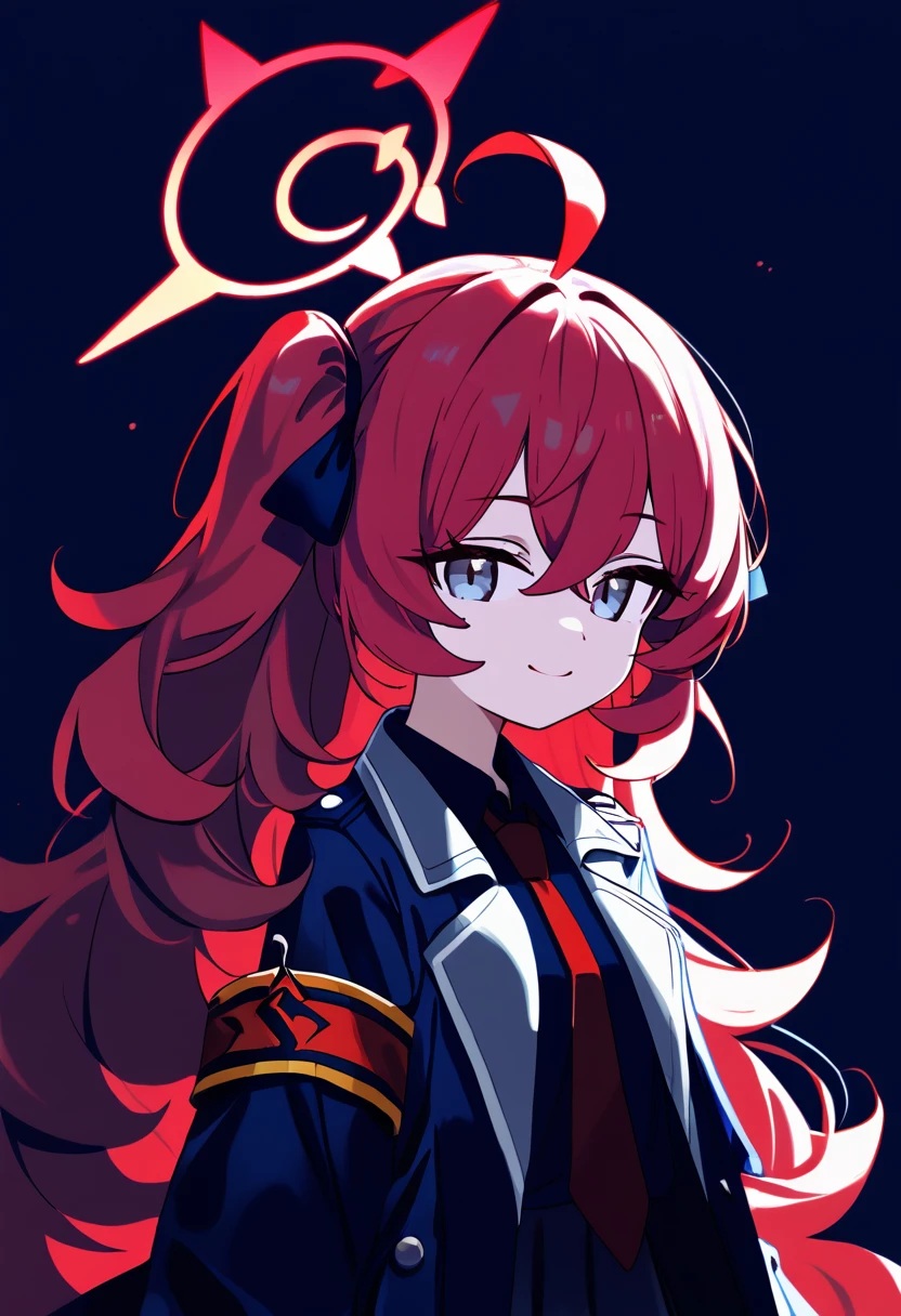 masterpiece, (check_9, check_8_up, check_7_up), 1 girl, Iroha_\(blue_archive\), 1 girl, Red hair, long hair, dirty hair, blue eyes, small smile, inexpressive, long_sleeves, ahoge, Red tie, black shirt, red armband, collared shirt, blue halo, black skirt, black raincoat, upper body, portrait, hands at sides, head tilt, White background, masterpiece, Best quality