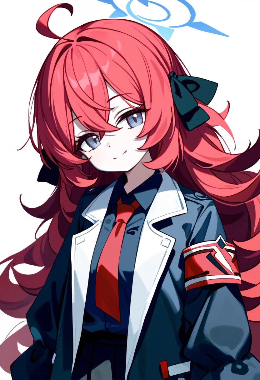 masterpiece, (check_9, check_8_up, check_7_up), 1 girl, Iroha_\(blue_archive\), 1 girl, Red hair, long hair, dirty hair, blue eyes, small smile, inexpressive, long_sleeves, ahoge, Red tie, black shirt, red armband, collared shirt, blue halo, black skirt, black raincoat, upper body, portrait, hands at sides, head tilt, White background, masterpiece, Best quality