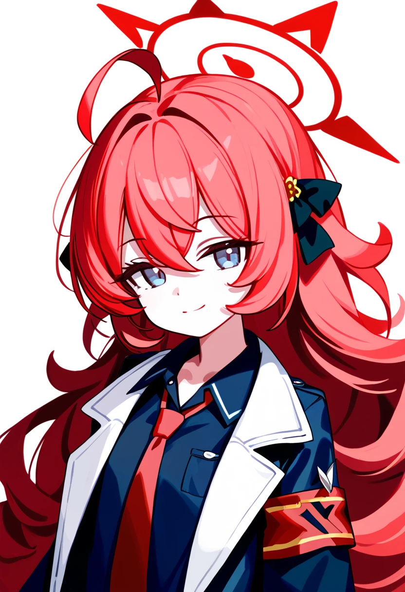 masterpiece, (check_9, check_8_up, check_7_up), 1 girl, Iroha_\(blue_archive\), 1 girl, Red hair, long hair, dirty hair, blue eyes, small smile, inexpressive, long_sleeves, ahoge, Red tie, black shirt, red armband, collared shirt, blue halo, black skirt, black raincoat, upper body, portrait, hands at sides, head tilt, White background, masterpiece, Best quality