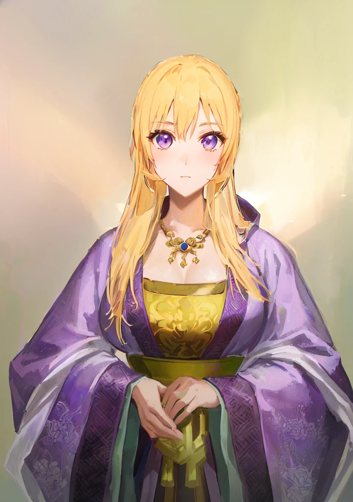 Wearing a purple robe、Cartoon image of a woman holding a bowl, ((Beautiful fantasy queen)), Produced in collaboration with Anime Painter Studio, Anime Goddess, Artoria Pendragon, Portrait of the Knights of the Zodiac, elfic priestess, ((Wearing noble robes)), Anime style like fate/overnight, Beautiful fantasy queen, In the anime painter studio,Three Kingdoms,Three Kingdoms志,Chinese style,antiquity,Hanfu,,Huge Breasts,Good shape,Royal sister,Purple Eyes