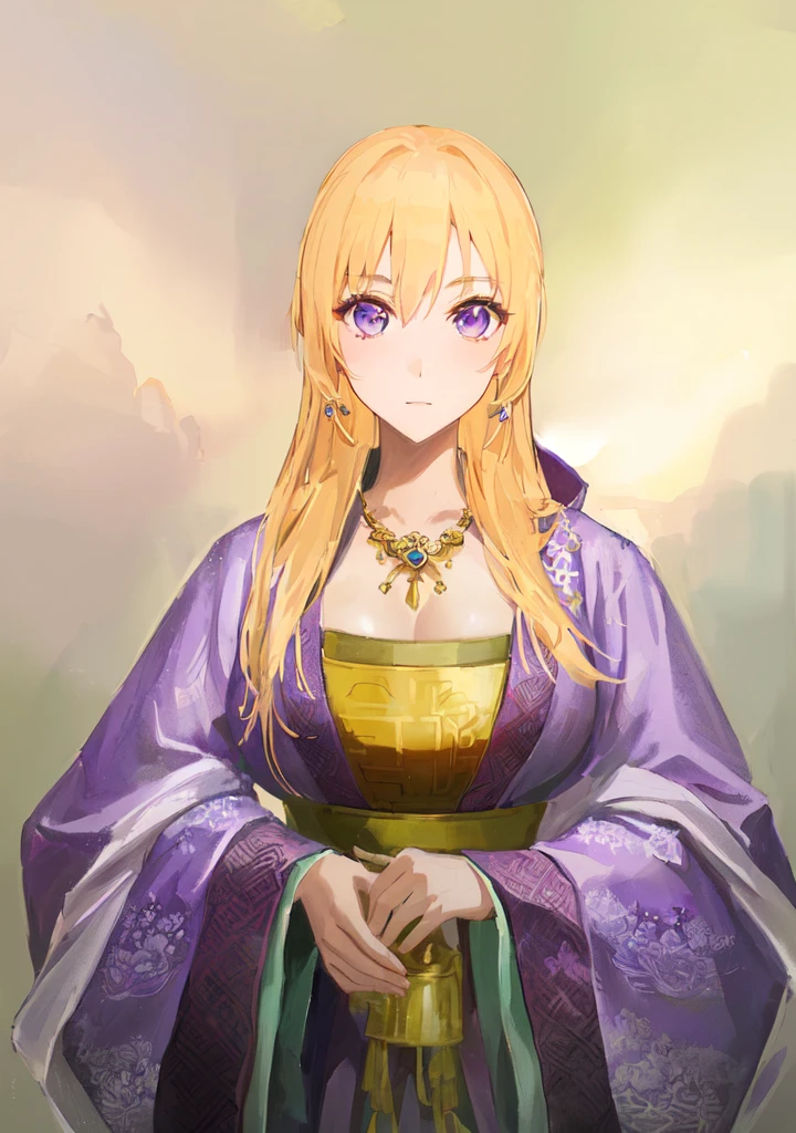 Wearing a purple robe、Cartoon image of a woman holding a bowl, ((Beautiful fantasy queen)), Produced in collaboration with Anime Painter Studio, Anime Goddess, Artoria Pendragon, Portrait of the Knights of the Zodiac, elfic priestess, ((Wearing noble robes)), Anime style like fate/overnight, Beautiful fantasy queen, In the anime painter studio,Three Kingdoms,Three Kingdoms志,Chinese style,antiquity,Hanfu,,Huge Breasts,Good shape,Royal sister,Purple Eyes