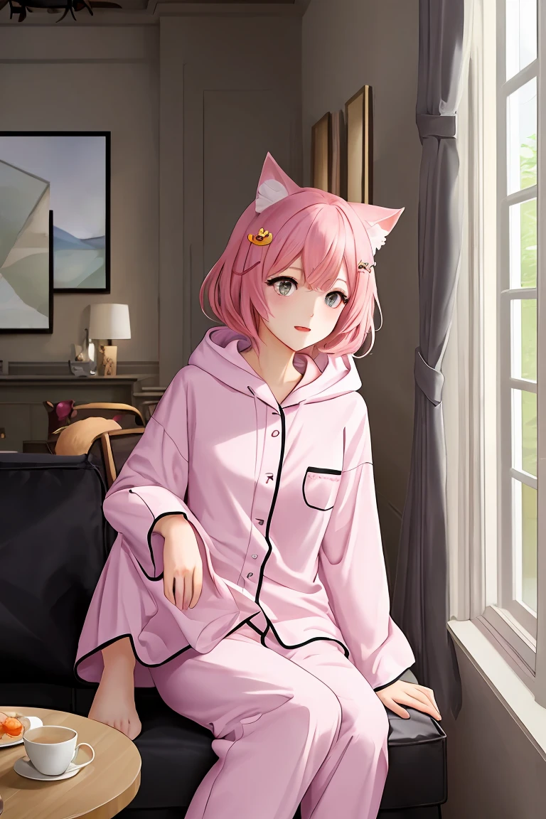 score_9,score_8_up,score_7_up,masterpiece, top quality, best quality, official art, beautiful and aesthetic, animation, , 1girl with cat ear, perfect figure, pink hair, complicated details, bedroom, coquetry, white pajamas, pink slippers ,