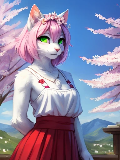 ((Sakura: a female anthropomorphic white cat with pink hair green eyes has a Sakura flower on head wearing a red dress with Sakura flowers on it cute girly hot beautiful furry cat anthropomorphic ,))), looking a t viewer, big chest, day,, sensual, detailed, uploaded to e621, beautiful and detailed p ortrait of an anthropomorphic, (((female))) u ploaded to e 621, zaush, foxovh, movie ligh ting, thicc, al one, detailed, 8k res, hires, de tailed eyes, g ood anatomy, good perspecti ve, towards vi ewer, bebebebebe, by sic klyhypnos, by gerkk, by orf, nice hands, per fect hands, ha ppy, romantic, ray tracing hting, rtx on, B Bebebebebe, by SpiritD, by KOBITOWANI, best quality, masterpiece, p erfect anatomy, detailed picture)),