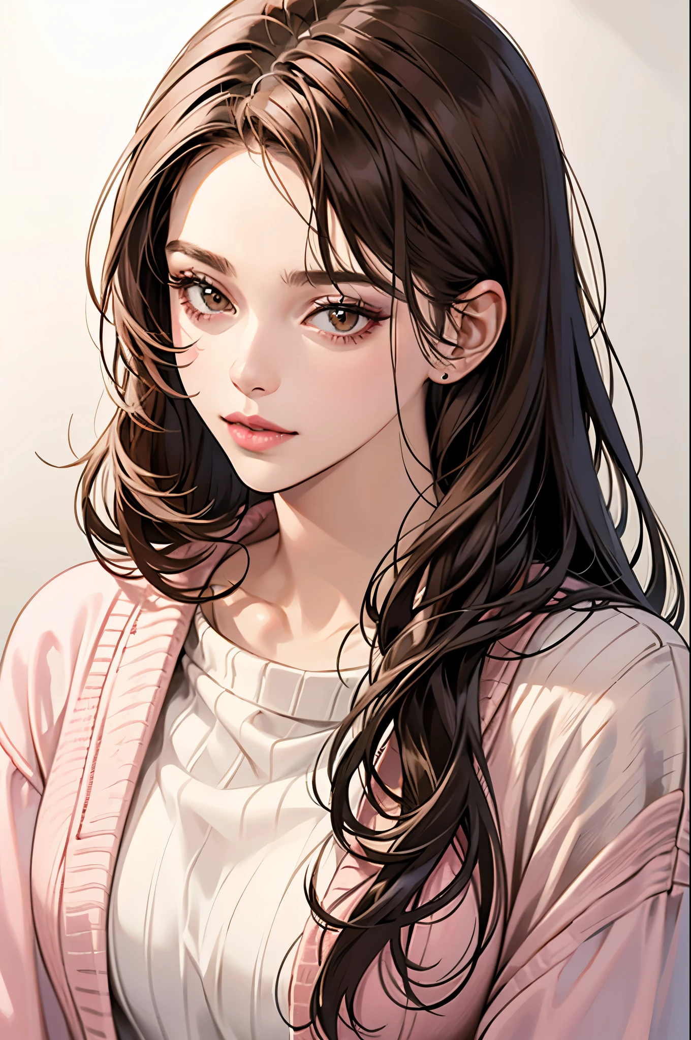 Girl, long straight brown hair, brown eyes, sharp features, white skin, pink lips, perfect, sweater