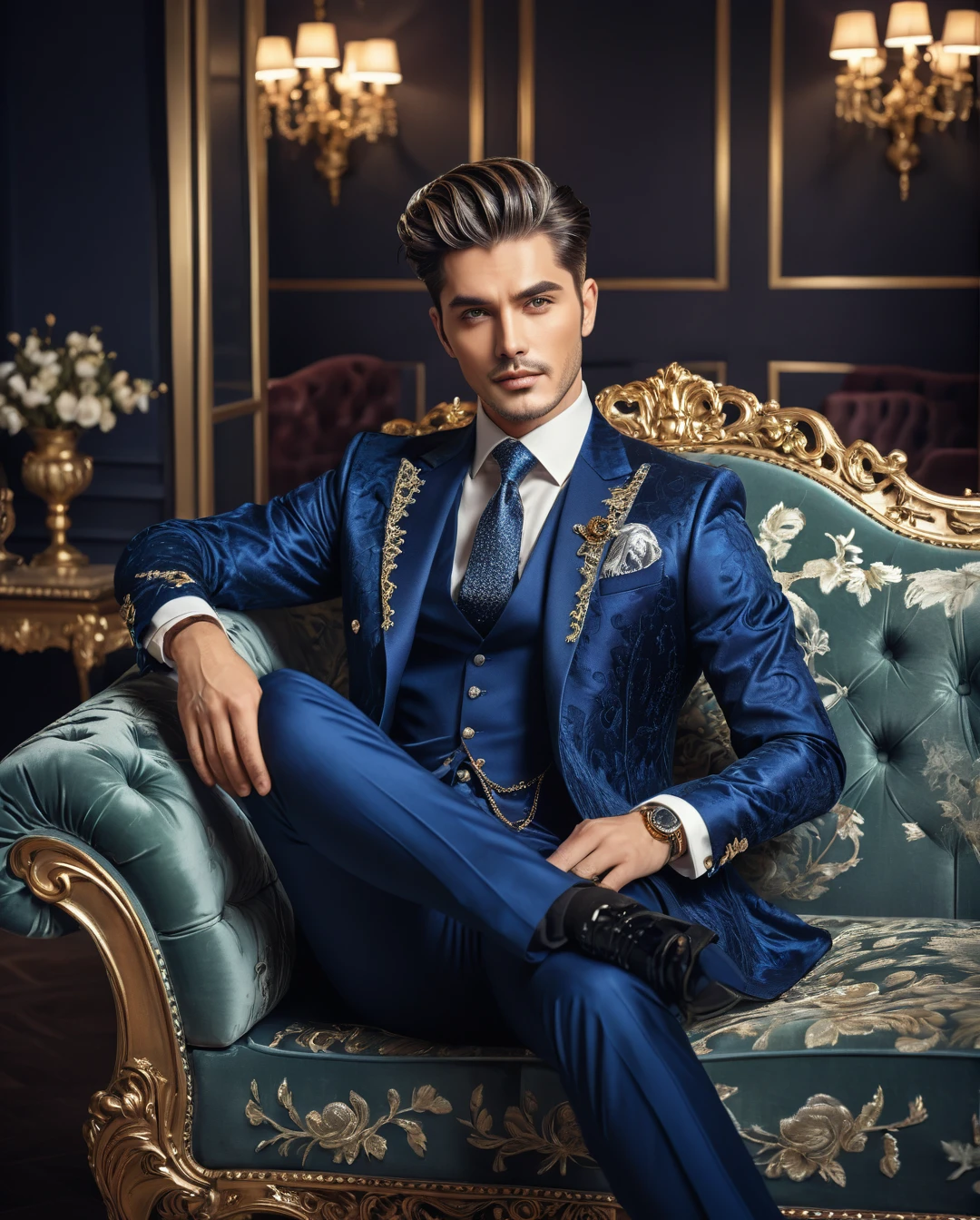 A handsome man with stylish hair and fashionable style costums, sitting on a sofa with elegant, high quakity, intricated detailed, ultra HD res