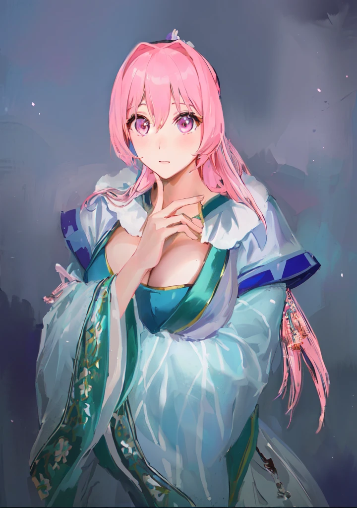 Pink Hair、Anime girl in blue dress poses for photo, Pink ponytail hair and pink eyes, Produced in collaboration with Anime Painter Studio, In the anime painter studio, Portrait of the Knights of the Zodiac, Sonison,超级Sonison, pixiv 3dcg, 穿着漂亮裙子的cute动漫女孩, Pixiv competition winner, Digital Art on pixiv,Three Kingdoms。Three Kingdoms志,中Chinese style,Chinese style,antiquity,Three Kingdoms无双,,Huge breasts,Good shape,cute