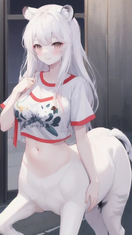 (best quality, masterpiece), 1 girl, centaur, It takes, White skin, Korean woman, black pink,Smiling, exposing the abdomen, belly button t-shirt , 아름다운 소녀 perfect white tiger photo, perfect white tiger photo
