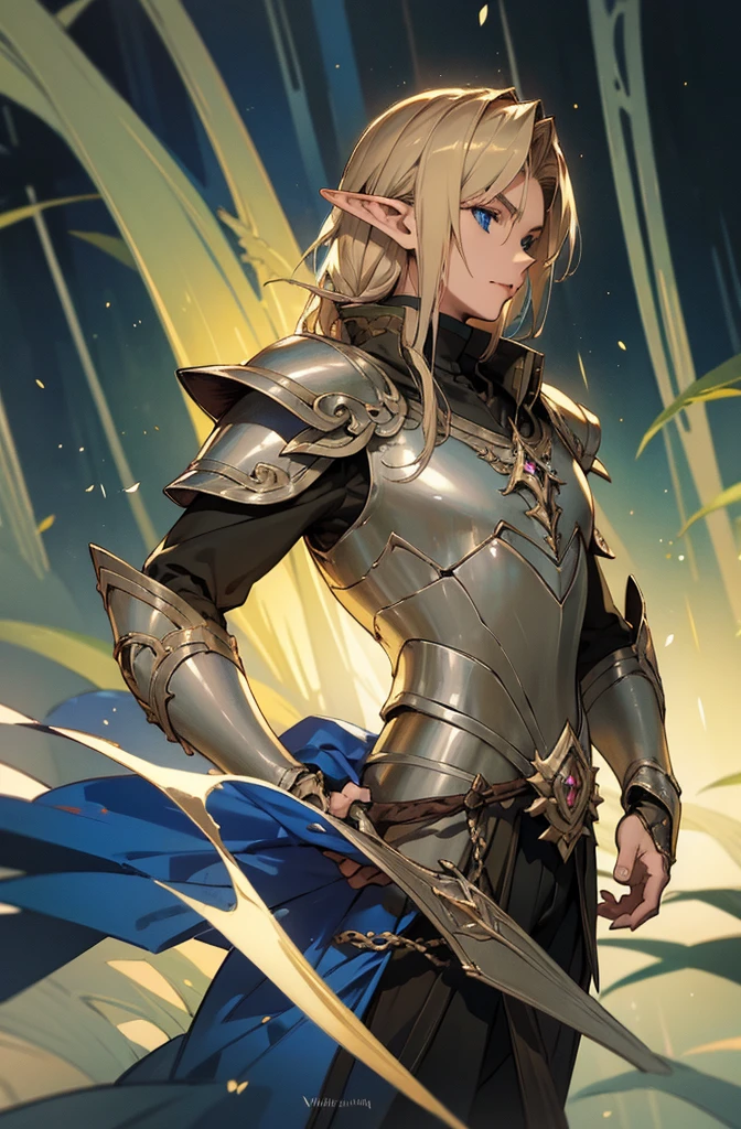 masterpiece, best quality, ultra high resolution, 1man, elven armor, male, fantasy illustration, elf, pointy ears, older man, art by Kinema Citrus, dark blond hair, blue eyes