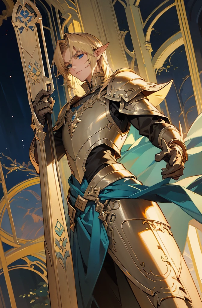 masterpiece, best quality, ultra high resolution, 1man, elven armor, male, fantasy illustration, elf, pointy ears, older man, art by Kinema Citrus, dark blond hair, blue eyes