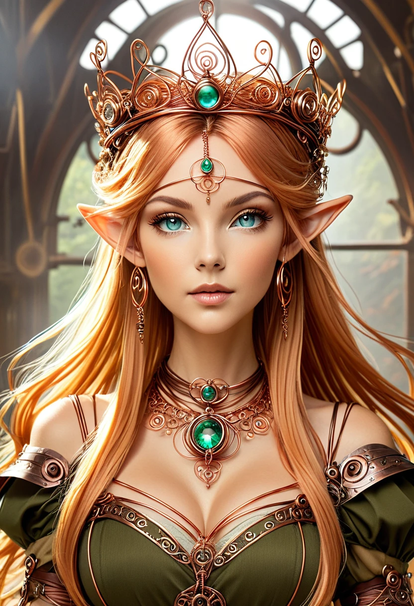 Steampunk elven princess. Hear copper wire necklaces and bangles. Crown of fine copper wire. 