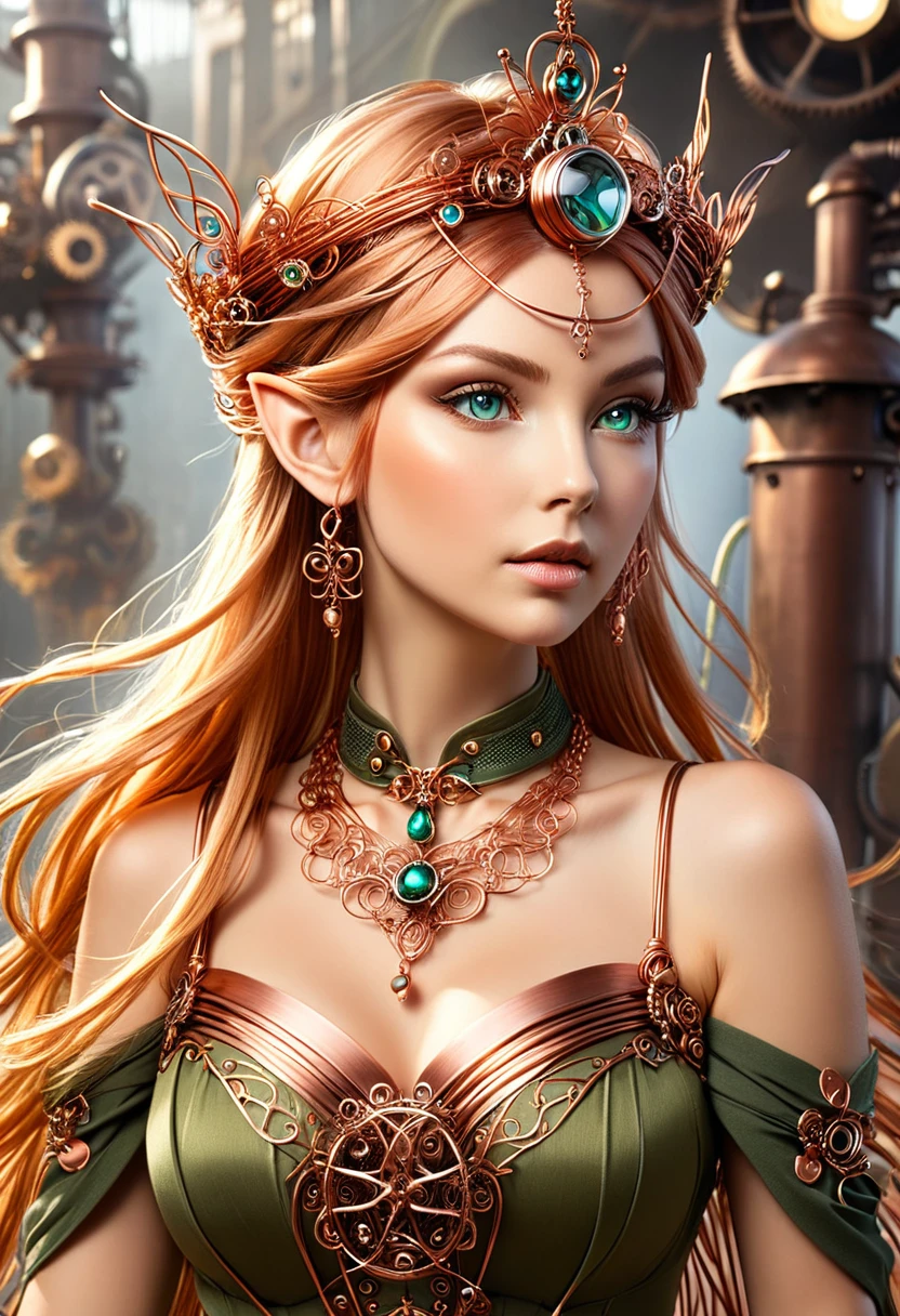 Steampunk elven princess. Hear copper wire necklaces and bangles. Crown of fine copper wire.