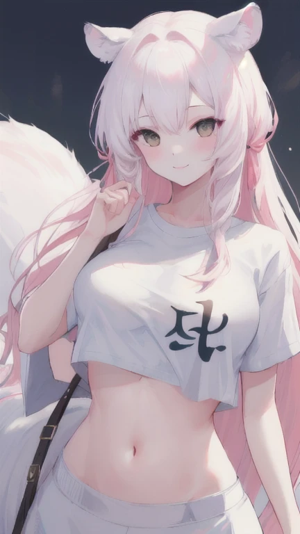 (best quality, masterpiece), 1 girl, centaur, It takes, White skin, Korean ,daughter,black pink,Smiling, exposing the abdomen, belly button t-shirt , 아름다운 소녀 Perfect wild white tiger photo, Perfect wild white tiger photo