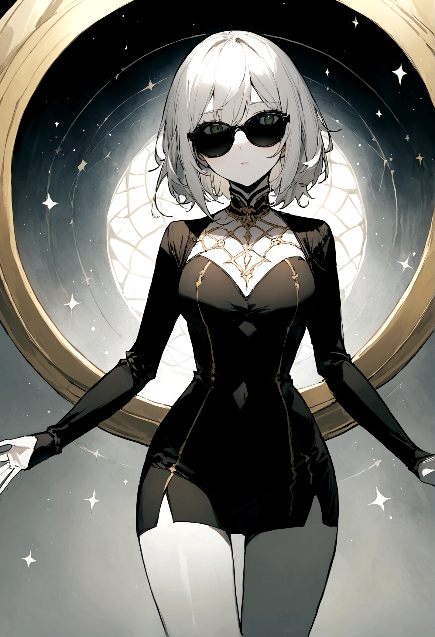 A beautiful woman in a fantastic space, Shiny black tight micro dress , really short hair, white  hair, black lens sunglasses,98 mil, {{work of art}}, best qualityer, high qualiy:1.4), {{[[frontal look}}, Ojo_contact, various poses)]], really beautiful face, and very pretty Ojos, imagens fofas, kind images, {{whole whole body}}, {{{{{{{{Legs long}}}}}}}}, {{{{sexy and slim body}}}}, {{{{{{tall woman}}}}}}, {{177 cm tall}}, standing alone, comely, kind, adorable, pale skin, {{German girl 18-22 years old}}, look comely German girl and blue Ojos or green Ojos with platinum blonde hair color), Young Nordic German, {{{{{{{{{{whole body}}}}}}}}}}, {{{{{{{{{{Cao Cao_sCao Cao}}}}}}}}}},