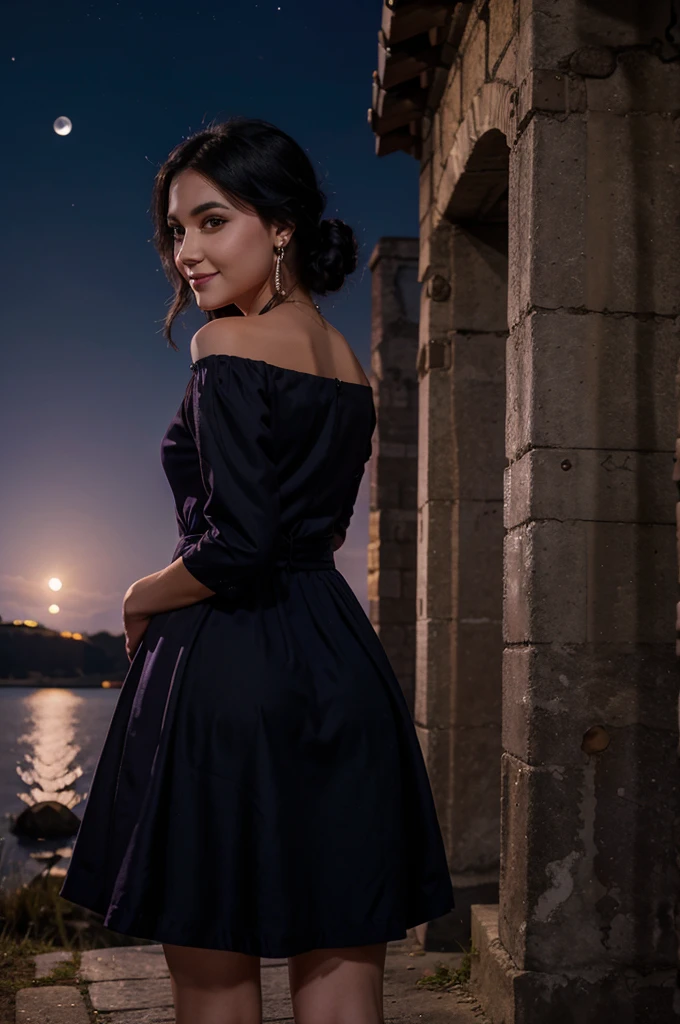 Colorful, girl, smile, black hair, purple eyes, dress, moonlight, scenery, earrings,