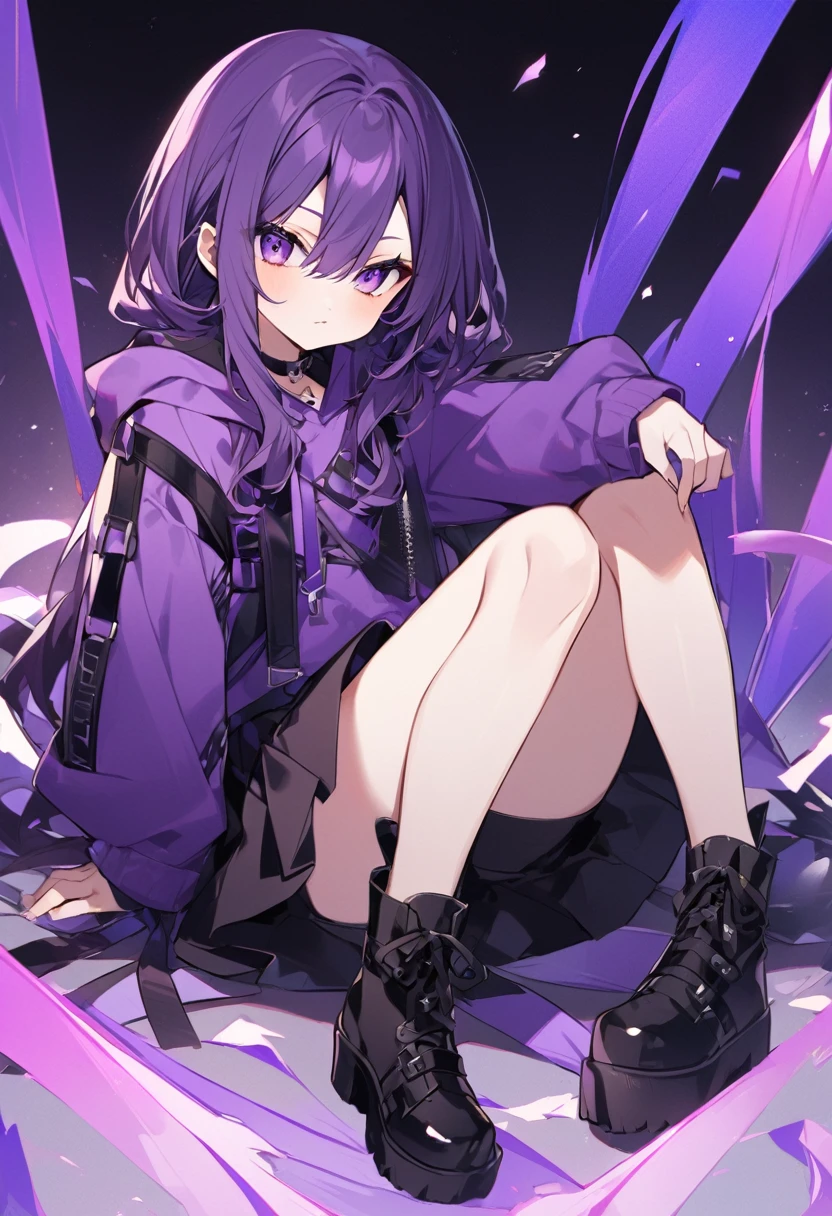 Keito。Purple hoodie。Black Skirt。Purple Eyes。Dark purple hair。Black shoes下。Black shoeale