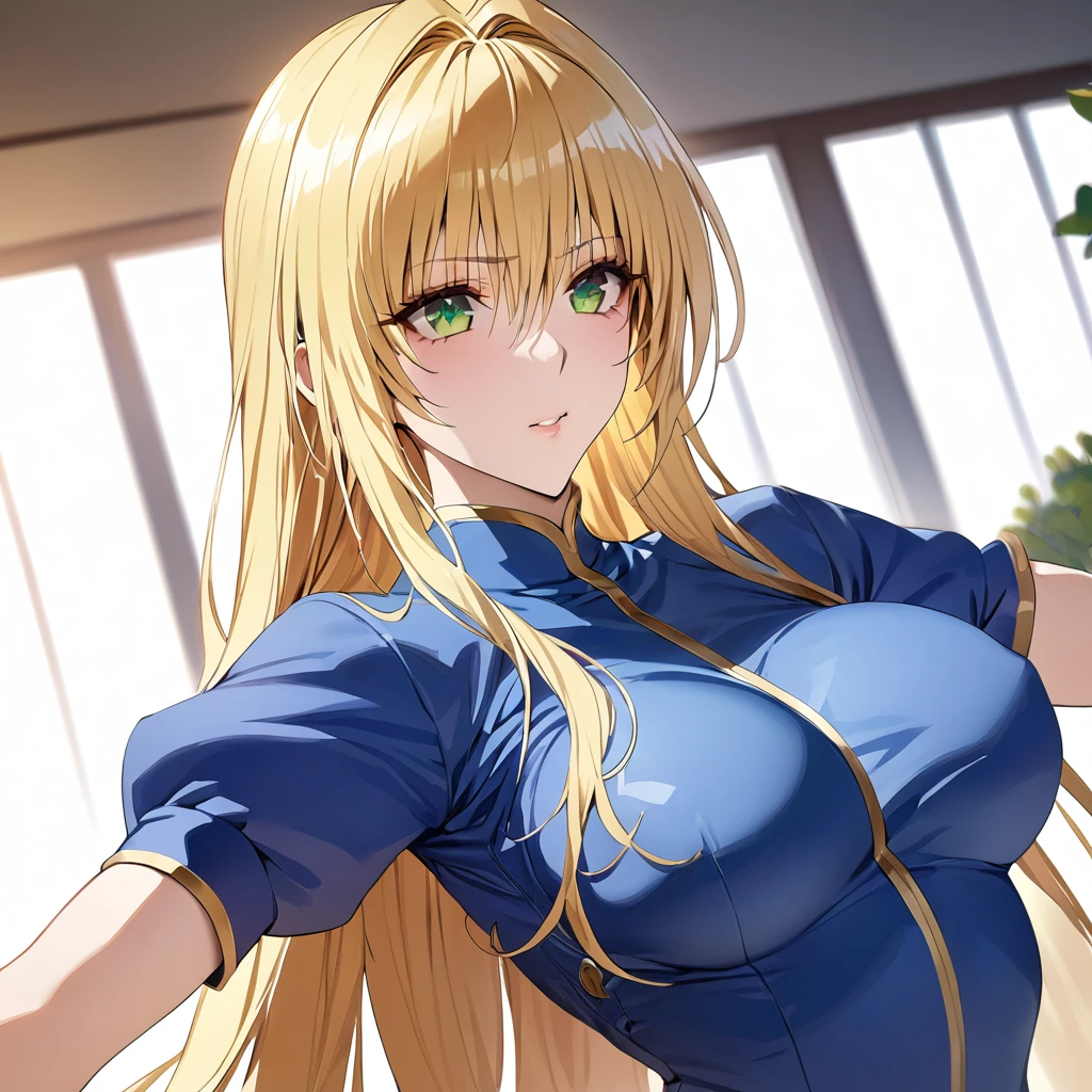 ((Highest quality)), ((masterpiece)), (detailed), (Perfect Face)、The woman is Tearju, with green eyes, medium-long blonde hair, and is dressed like Chun-Li.
