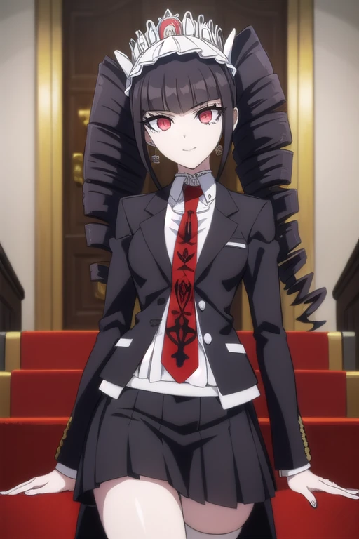 masterpiece,High resolution,8K,Detailed anatomy (****************,Danganronpa,Celestia Ludenberg,celestia ludenberg,Black Hair Twin Drill,Red Eyes,beautiful eyelashes,Three white eyes,slender）（Earrings,Red tie,Printed necktie,Black Skirt,Black Jacket,bonnet）smile,Close your mouth,Castle stairs