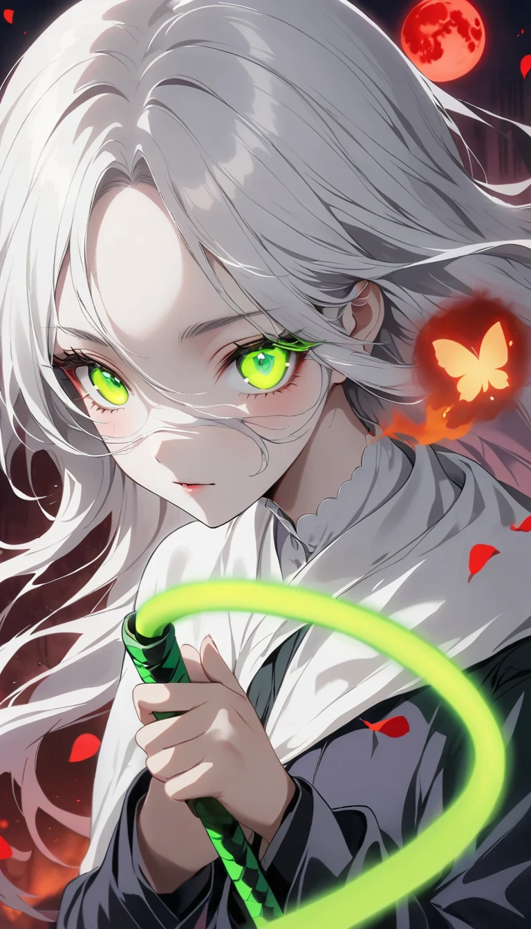 Blurred outline of existence, bright white eyes, ,Blurred outline of existence, Fully white glowing eyes,，White flowers on eyes，Fire  butterflys，Anime style，1 girl，Silver long hair，(((White spots on eyes：1.37)))，Black pleated skirt，Samurai sword in hand，Elegant Posture、Red Moon、dark purple tones，Elegant and atmospheric。，(((Fluorescent green whip：1.37。Motion blurred，)))，Petals in the sky，Blurred foreground，Face Focus