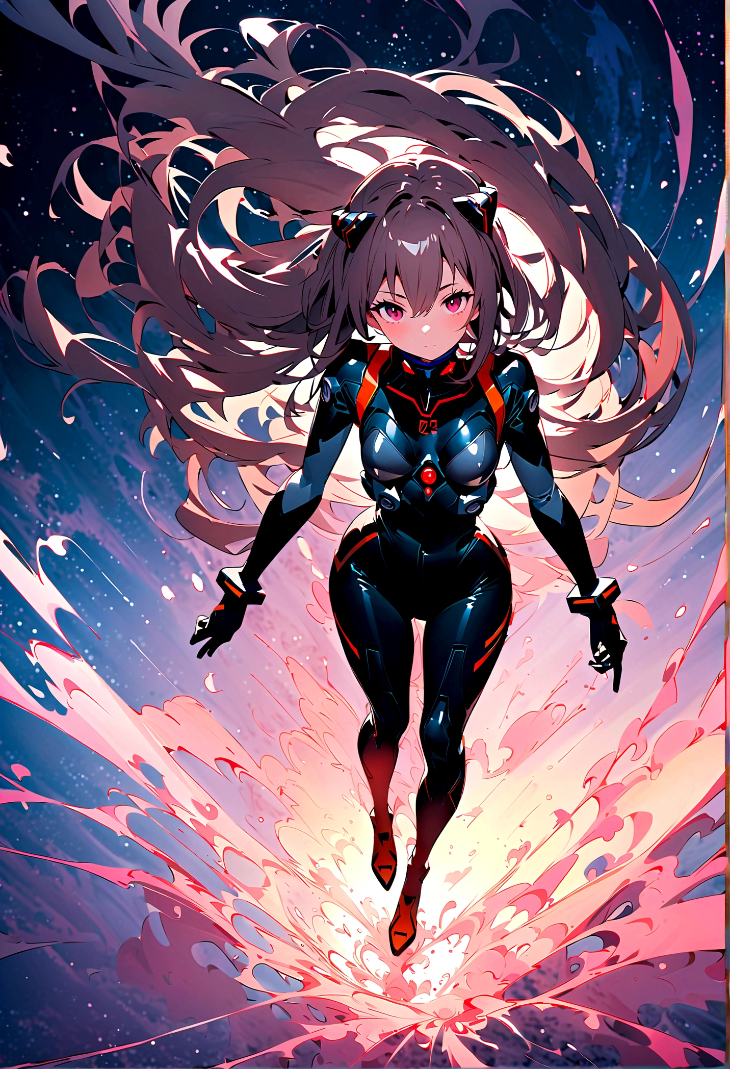 1girl, solo, looking at viewer, full body, standing, long hair, asuka cosplay costume, cosplay, plugsuit, bodysuit, hair ornament, seen from above, space, floating,Dubrec style，Transparent figure back，（Multiple Exposure：1.8）Intricate illustration in surreal art style，surreal dreamscape，