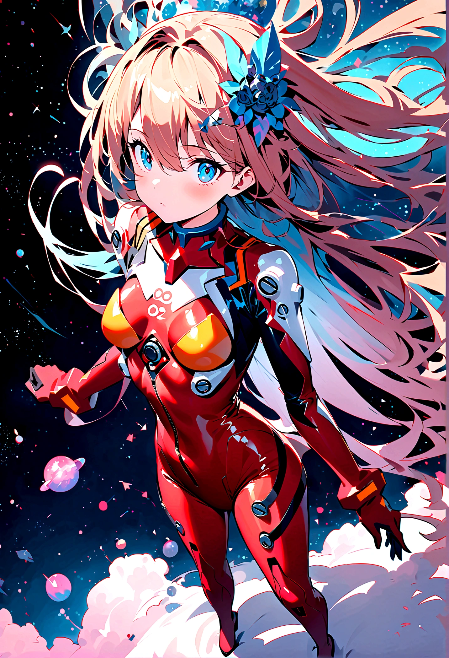 1girl, solo, looking at viewer, full body, standing, long hair, asuka cosplay costume, cosplay, plugsuit, bodysuit, hair ornament, seen from above, space, floating,Dubrec style，Transparent figure back，（Multiple Exposure：1.8）Intricate illustration in surreal art style，surreal dreamscape，