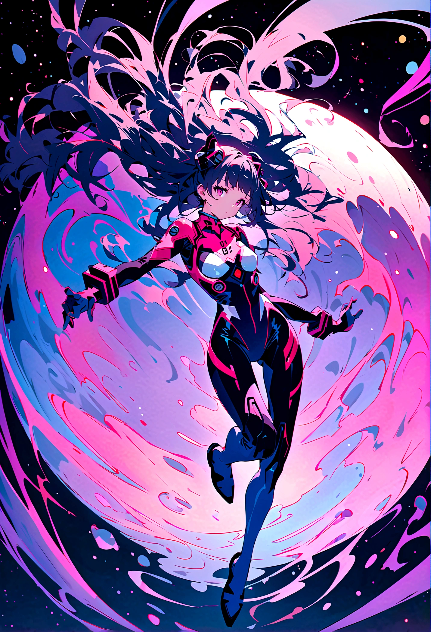 1girl, solo, looking at viewer, full body, standing, long hair, asuka cosplay costume, cosplay, plugsuit, bodysuit, hair ornament, seen from above, space, floating,Dubrec style，Transparent figure back，（Multiple Exposure：1.8）Intricate illustration in surreal art style，surreal dreamscape，