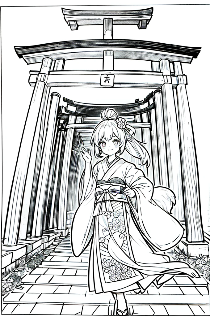 As a coloring book, the color should be black and white, the border should be simple, clear, and bold. A cheerful Asian girl with bright eyes and a mischievous smile is playfully posing in front of the iconic [Fushimi Inari-taisha Shrine] in Kyoto, Japan. She is dressed in a vibrant [kimono with fox pattern], the bold orange and white colors complementing the vermilion torii gates that line the path. The girl's hands are clasped in a playful gesture, and her hair is adorned with a traditional [kanzashi hair ornament].