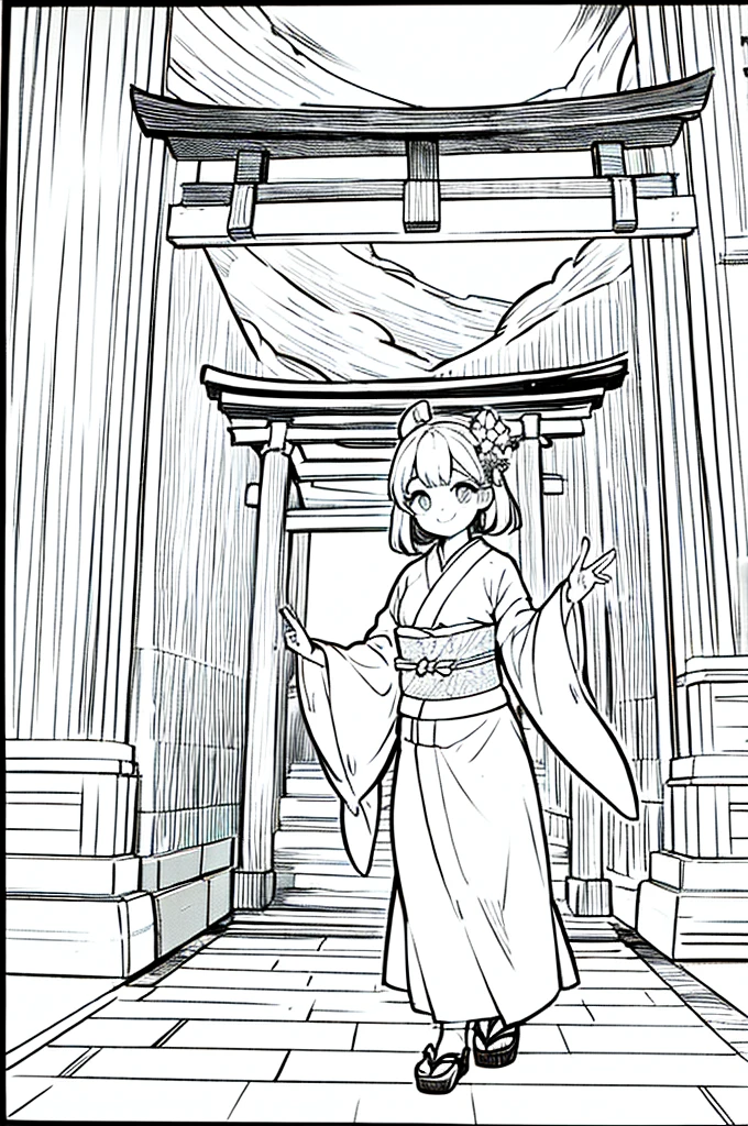 As a coloring book, the color should be black and white, the border should be simple, clear, and bold. A cheerful Asian girl with bright eyes and a mischievous smile is playfully posing in front of the iconic [Fushimi Inari-taisha Shrine] in Kyoto, Japan. She is dressed in a vibrant [kimono with fox pattern], the bold orange and white colors complementing the vermilion torii gates that line the path. The girl's hands are clasped in a playful gesture, and her hair is adorned with a traditional [kanzashi hair ornament].