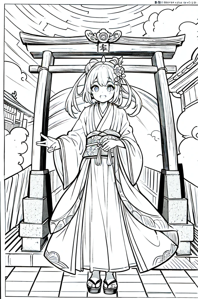 As a coloring book, the color should be black and white, the border should be simple, clear, and bold. A cheerful Asian girl with bright eyes and a mischievous smile is playfully posing in front of the iconic [Fushimi Inari-taisha Shrine] in Kyoto, Japan. She is dressed in a vibrant [kimono with fox pattern], the bold orange and white colors complementing the vermilion torii gates that line the path. The girl's hands are clasped in a playful gesture, and her hair is adorned with a traditional [kanzashi hair ornament].