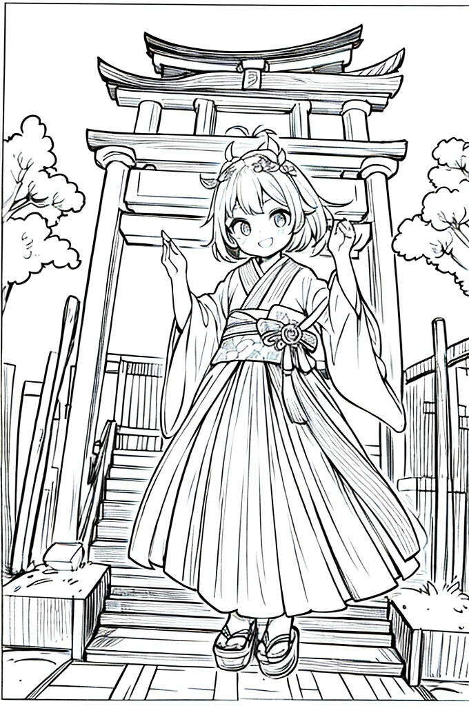 As a coloring book, the color should be black and white, the border should be simple, clear, and bold. A cheerful Asian girl with bright eyes and a mischievous smile is playfully posing in front of the iconic [Fushimi Inari-taisha Shrine] in Kyoto, Japan. She is dressed in a vibrant [kimono with fox pattern], the bold orange and white colors complementing the vermilion torii gates that line the path. The girl's hands are clasped in a playful gesture, and her hair is adorned with a traditional [kanzashi hair ornament].