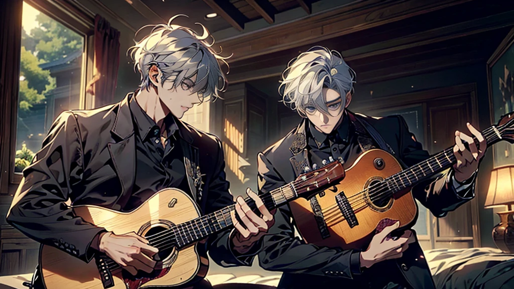 "best quality , High quality , The best details ,Portrait of two passionate guitar brothers, in the bedroom,A place where sunlight shines through , Create a play of light and shadow.. Guitarist holding a wooden guitar, inside the room, striking black shirt. Mesmerizing performance moments, Musicians immerse themselves in music.,beautiful sky,a young man,short black hairstyle, blue eyes, handsome,elder brother,Wear a wedding ring on the finger,มีmanอีกคน,younger brother,man(The second one.)white hair, blue eyes"