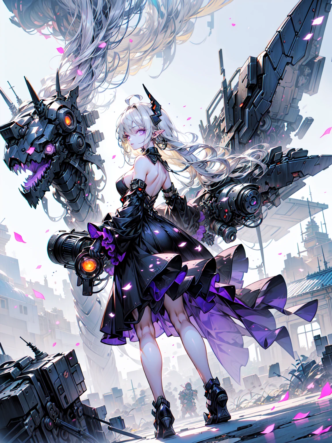 super high quality、8K quality、High resolution、Image quality captured with a single-lens reflex camera、(SFW)、Perfect Anatomy、(1. The theme is a gothic punk girl in a black dress...）Beautiful blonde 20 year old girl.Orange eyes、(Good shape、Big Breasts、Cleavage)、(Black mechanical parts for arms and legs、3D, Realistic mechanical parts)(Mechanical parts Rear wing)(Equipped with a chainsaw:1.2)break、（Perfect Anatomy:1.4）break(Back view、Remember、avert your eyes:1.3)Petals flutter(Smoke rising from the battlefield、Twilight Girl:1.5)、Cowboy Shot、Machinery Armor、Organic Armor Cyborg、Armor Textures、break、（Dark Elf), (1 Girl), alone, Perfect Face, Get used to it, Ahoge, ((Long Hair:1.2)),[[Messy Hair]], Shiny blonde white hair, Purple eyes, Variegated eyes, Colorful Hair, Shining Eyes, (eyelash, eye shadow, pink eye shadow), bright, smile, Design Art：Haruhiko Mikimoto, by Kawashi, by Yoshitaka Amano
