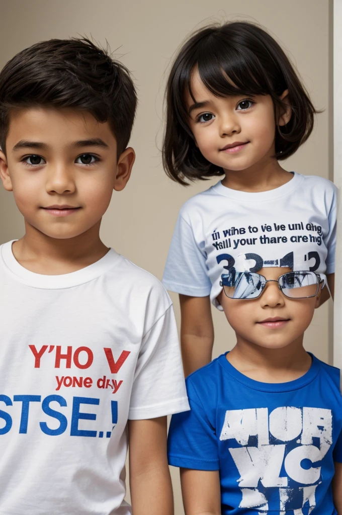 Create a realistic 3d image young boy and girl write text on his t-shirt M and S 