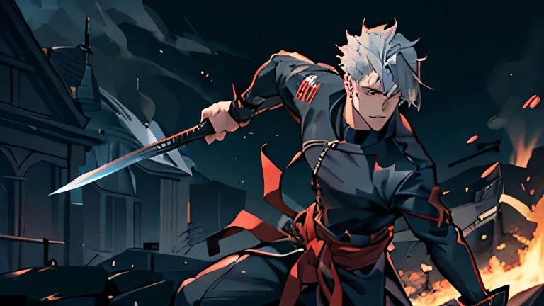 Perfect anatomy and highly detailed face, Delicate depiction of the eyes, Accurate drawing, Beautiful Hair, Detailed Background, Edgy, One person preparing for battle, Man in his late 20s, Red hoodie and black pants, Warm, loose-fitting clothing, , A casual fashion style where you wrap your jacket around your waist, Two falchions in their sheaths, A mercenary with two scimitars on his hips, A dual-wielding swordsman with his swords sheathed, Mafia with a sword scar on his nose, Villain with serious injury, Dark malicious smile, A young man with narrowed eyes laughing like a fox, Tanned dark skin, White to silvery hair, Short Ponytail Hairstyles, His trademark thick black-rimmed glasses, Cynical smile, Sarcastic mood, The scene of a large-scale indiscriminate terrorist attack, Burning and collapsing building, I have inner loneliness, Deep down, I feel like life is hard, Jealousy and envy towards successful people, The insight and resignation that come from hard work and failure, Perverse Desperation,