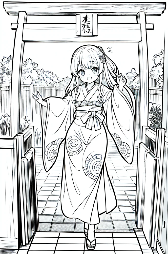 As a coloring book, the color should be black and white, the border should be simple, clear, and bold. A cheerful Asian girl with bright eyes and a mischievous smile is playfully posing in front of the iconic [Fushimi Inari-taisha Shrine] in Kyoto, Japan. She is dressed in a vibrant [kimono with fox pattern], the bold orange and white colors complementing the vermilion torii gates that line the path. The girl's hands are clasped in a playful gesture, and her hair is adorned with a traditional [kanzashi hair ornament].