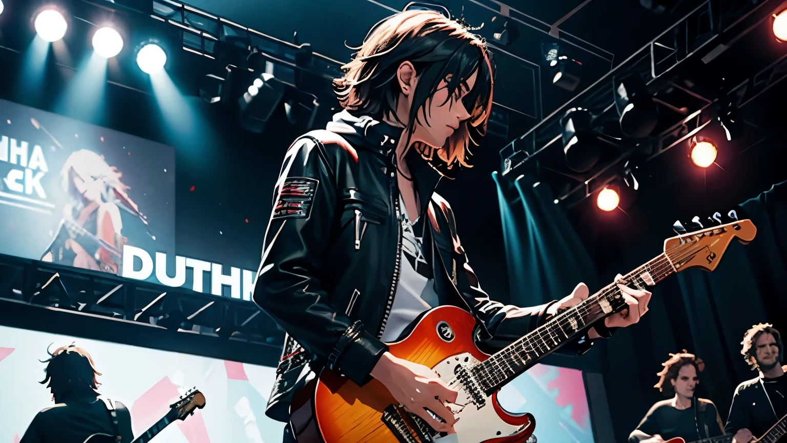 rock star GUITARRIST ON STAGE PLAYING in a dinamic way, 8k,