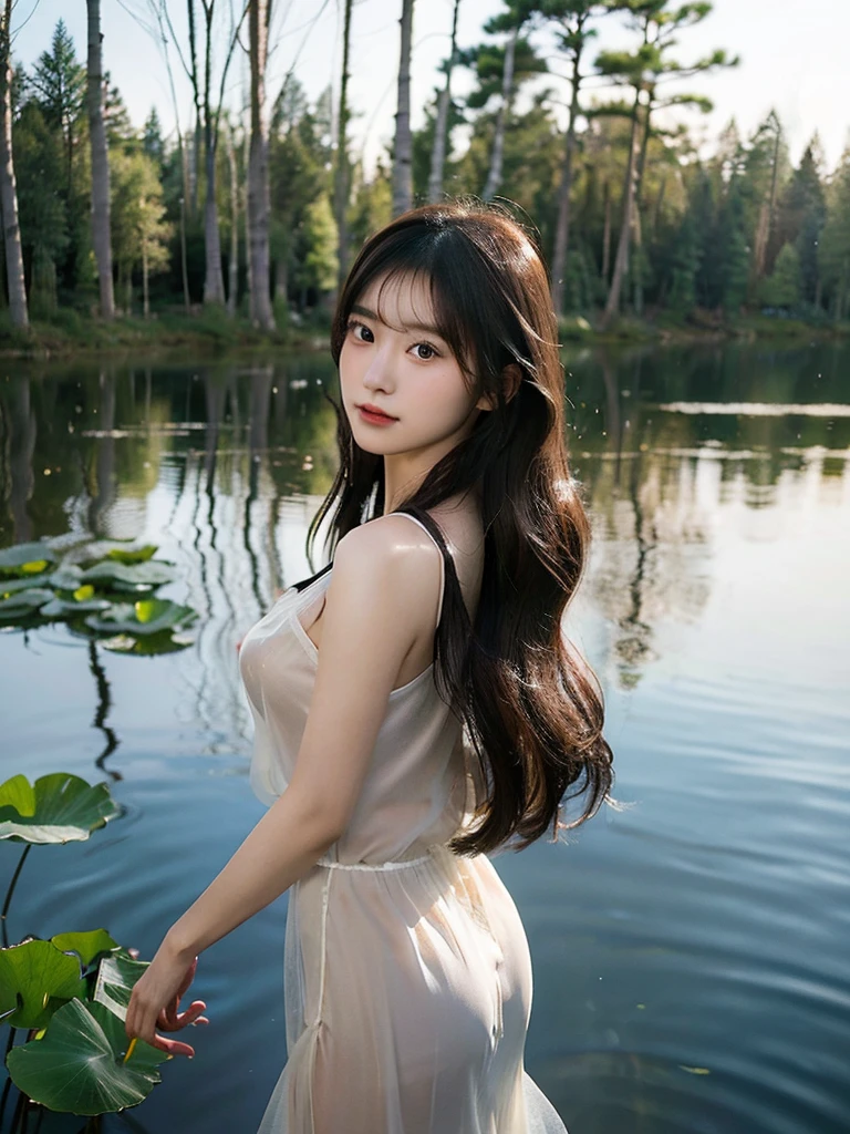 Super high-quality realistic photo, a young Japanese beauty with long black and brown hair blowing in the wind, exquisite facial features, completely naked and wearing a see-through silk tulle, dancing on the lotus leaves on the lake, with a blurred birch forest in the background, low angle upward shot, full body Shoot.