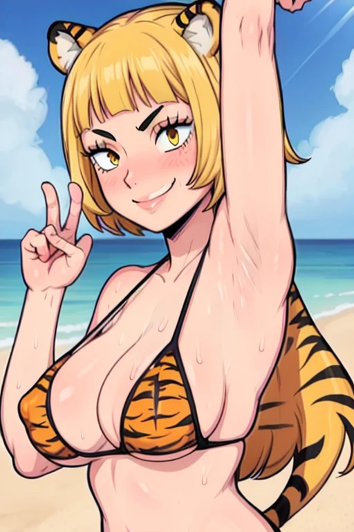masterpiece, best quality, saeko tanaka, looking at viewer, yellow hair, yellow eyes color, large breasts, upper body, portrait, seductive smile,both hands raised, armpits, armpits visible, sweaty armpits, wearing sexy bikini, tiger print, background on beach